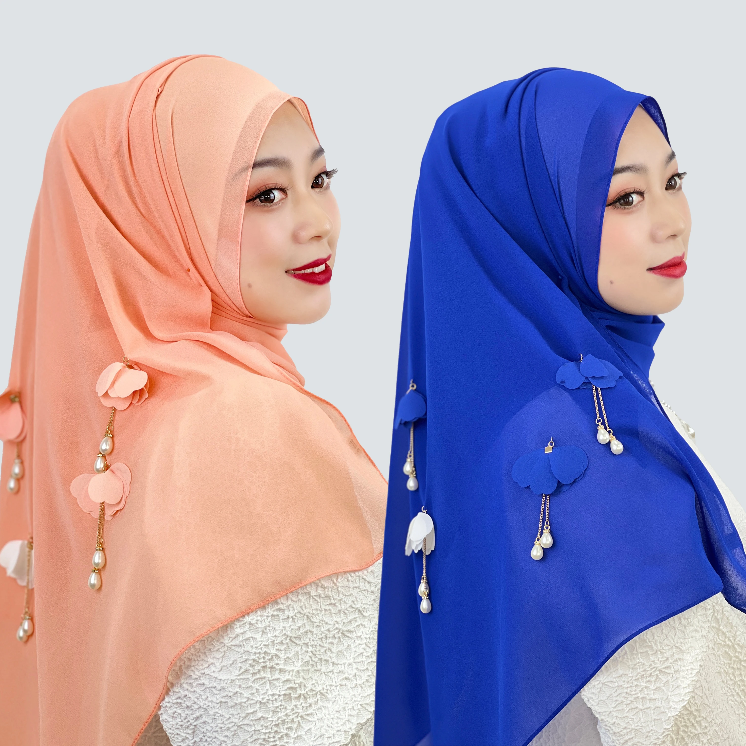 

Spring and Summer Malaysia Pearl Chiffon Scarf Scarf Female Hijab Flower Pearl Hui Middle East Malay Turban Muslim Shawl Turban