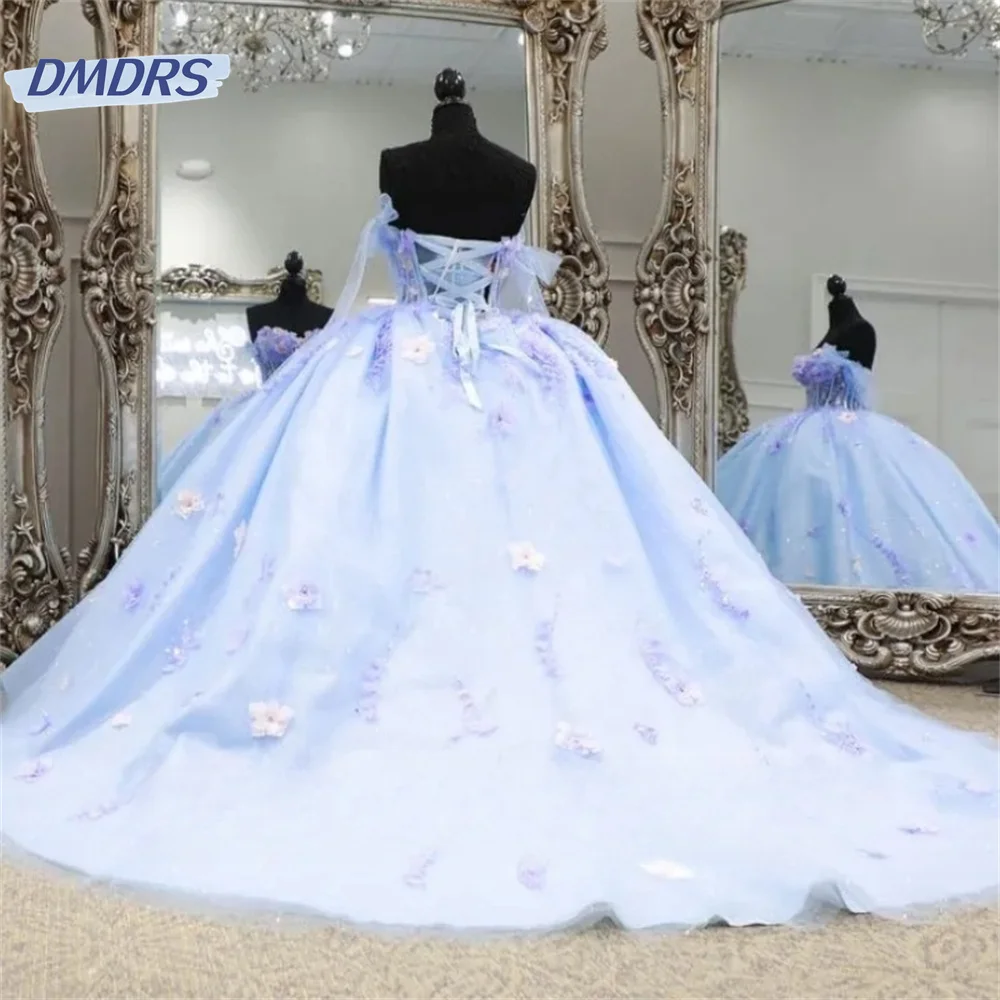 Vestido gracioso Quinceanera com pescoço querido, vestido de festa, charmoso apliqué 3D com miçangas princesa, cristal do ombro, 16 anos