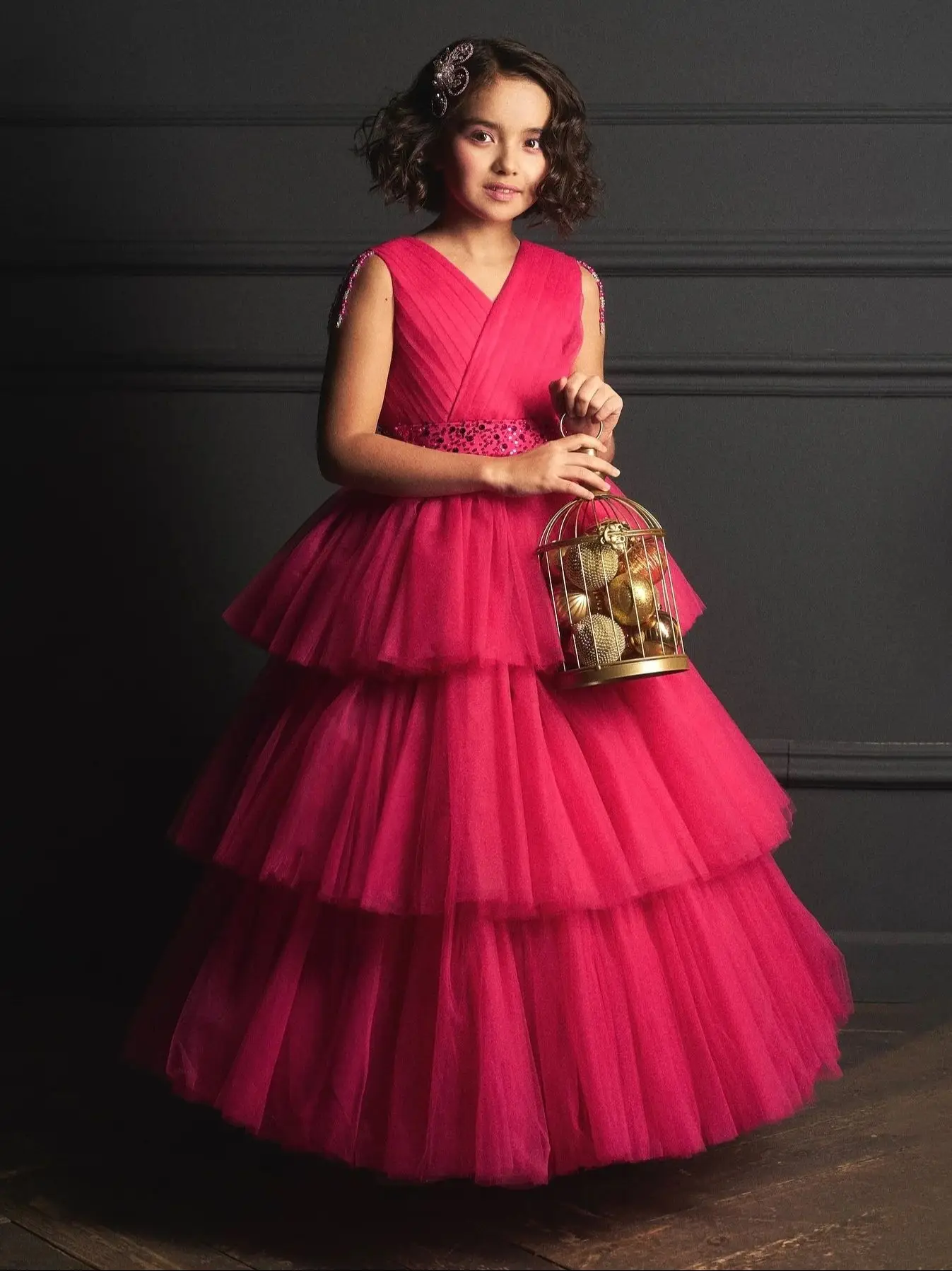 

Fuchsia Flower Girl Dresses Tiered Tulle Little Kids Birthday Party Dress Sequins Pageant Gowns