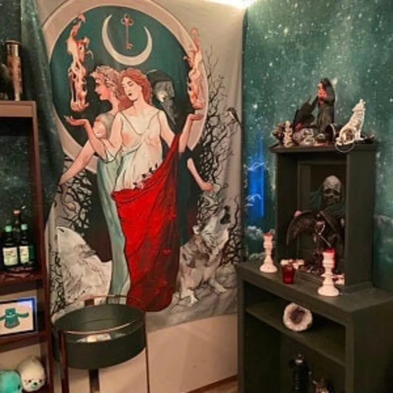 Hecate Red Dress Moon Goddess Art Hecate Tapestry Moon and Wolves Tapestry Witchy Art Black and White Gothic