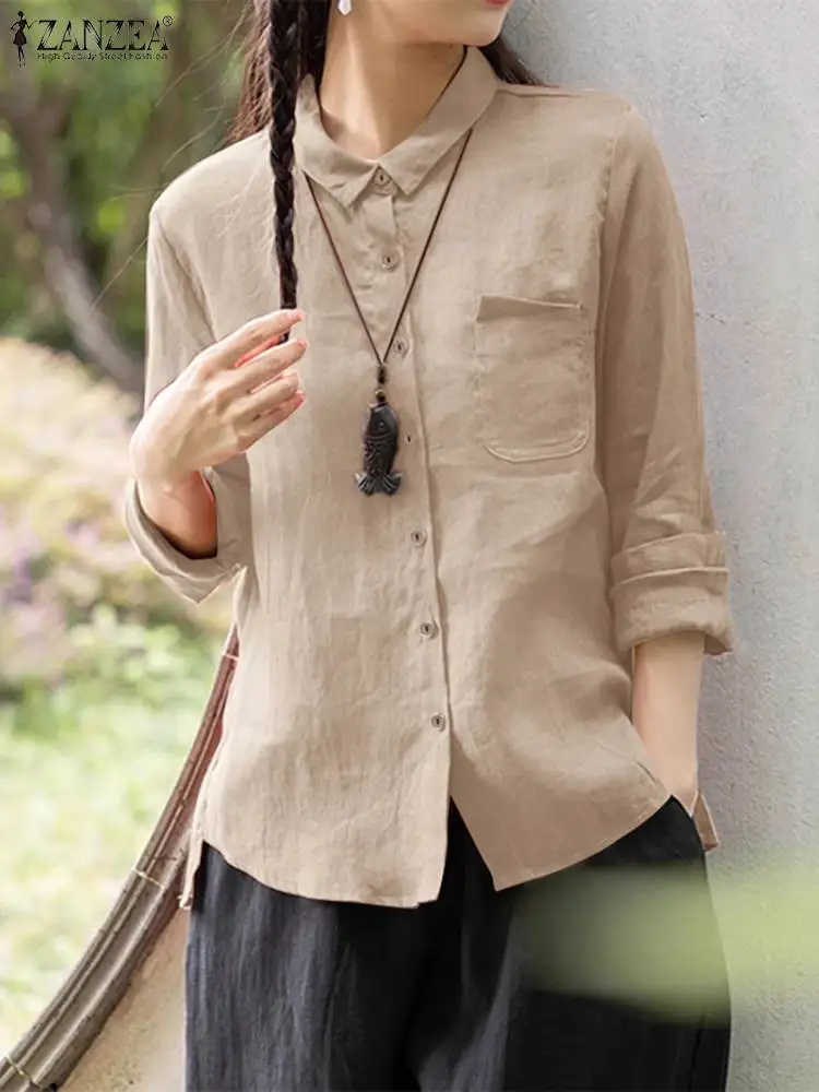 

Осенняя Повседневная однотонная женская рубашка ZANZEA, модная женская блузка с отложным воротником и длинным рукавом, элегантная Офисная Рабочая сорочка большого размера