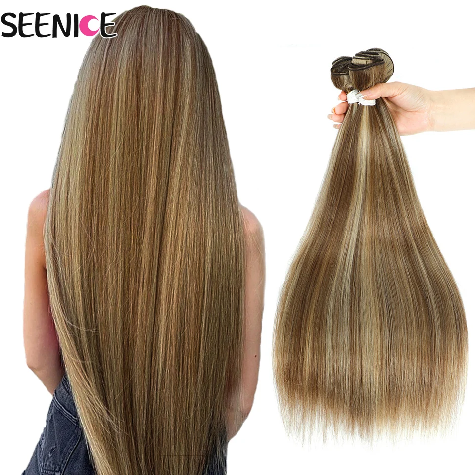 Straight Hair Bundles Synthetic Natural Hair Weaving Brown 613 Bundles Hair Extensions Ombre Red Blonde For Black Women SEENICE