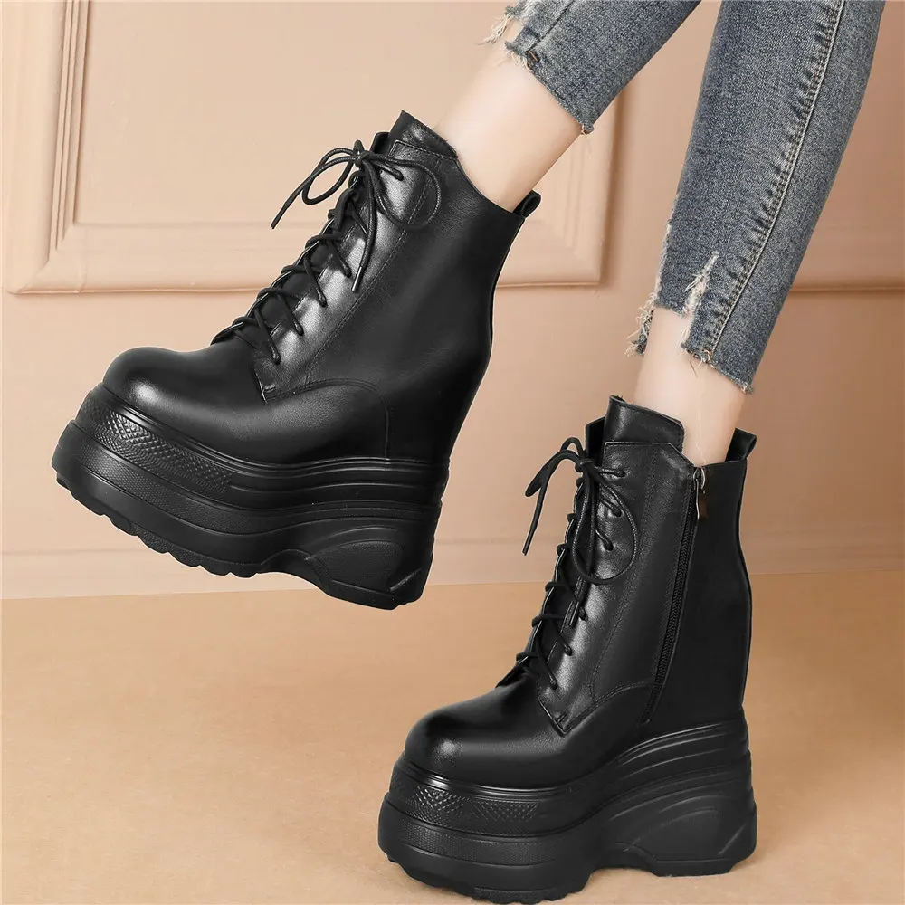

Platform Pumps Shoes Women Lace Up Cow Leather Wedges High Heel Snow Boots Female Winter Round Toe Fashion Sneakers Casual Shoes