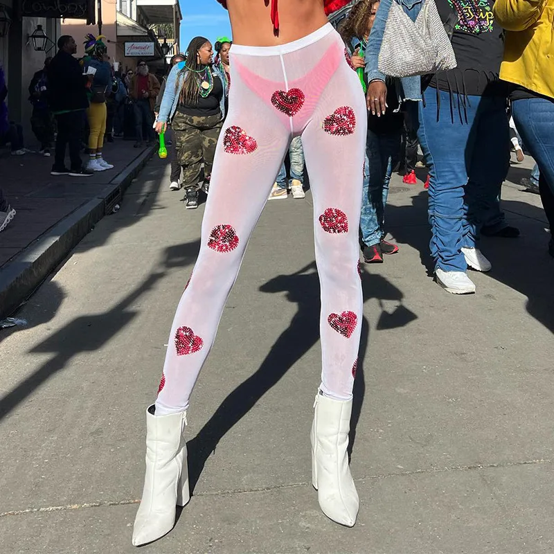 

HEZIOWYUN Women Sexy Y2K Hotsweet See-through Mesh Leggings Trousers Heart Print Elastic High Waist Skinny Pants Streetwear