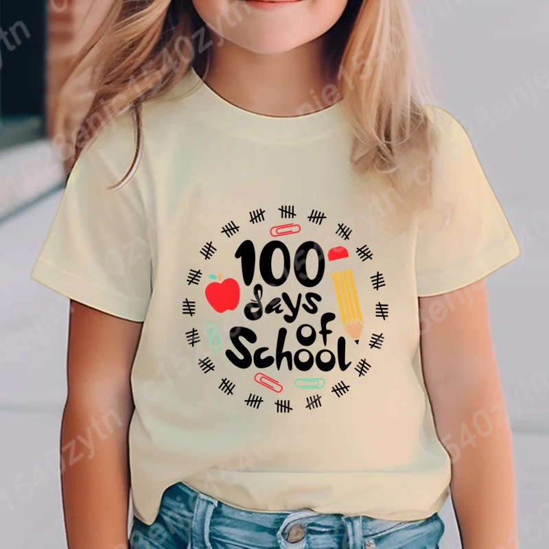 100 Days Of School Print T-shirt Summer Fashion Casual Tees Children Girls Short Sleeve Round Neck Tops Pure Color Loose T Shirt 3