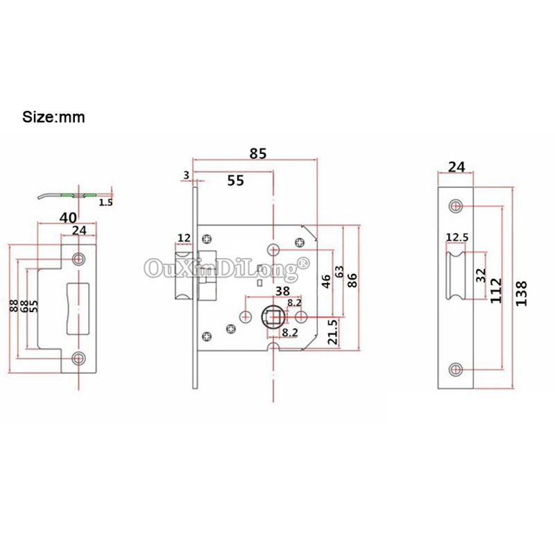 1PCS European Mortise Door Lock body 304 Stainless Steel Lock Tongue 55 Hospital/Office Passage Fire Door Lockbody Repair Parts