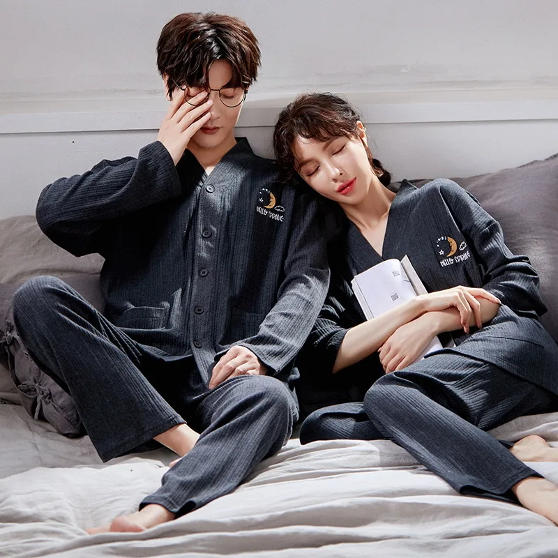 Korean Cotton Autumn Spring Sleepwear Set Man Cardigan Pajamas Set Women Pijamas Suit Plus Size Home Suit Couples Nightwear New