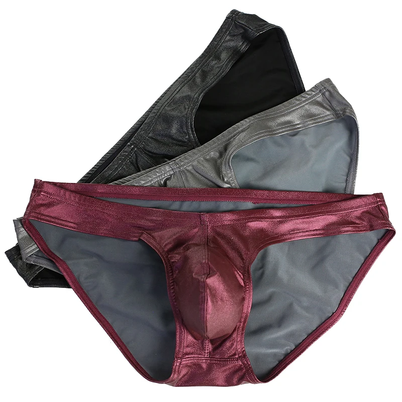 Men's Faux Leather Low Waist Stretch Briefs with Pouch
