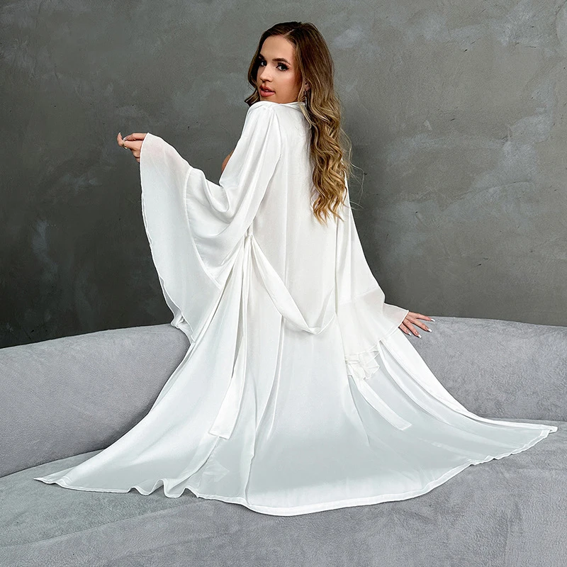 White Satin Long Sleeve Chiffon Cuffs Long Robe For Woman Pajamas Night Dress Soft Silky Comfortable Women's Sleepwear Home Wear