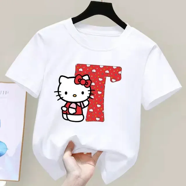 thumbnail image 1 of Camiseta de manga corta de algodón para niños con letras de la A a la Z de Hello Kitty Anime, camiseta suave de Sanrio Summer Girly Heart, regalo de cumpleaños kawaii, 1 of 5