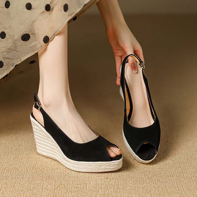 EAGSITY cow suede peep toe Casual wedges sandals platform Women slingback heel shoes espadrilles ankle strap pumps bohemia style