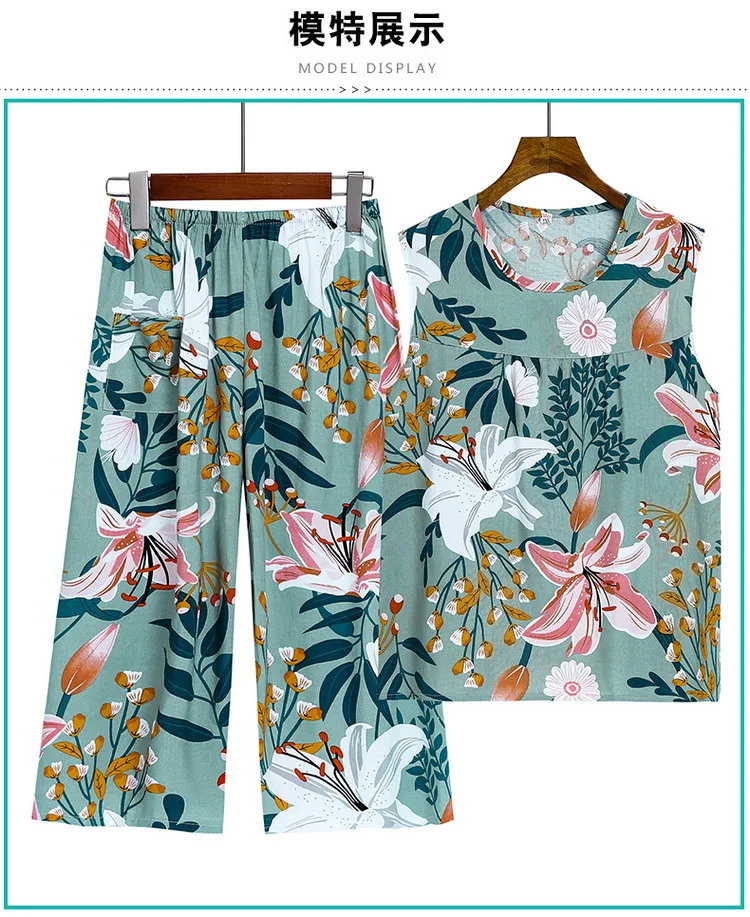 XL-4XL Pyjama pour femme neu bedruckte Mutter mittleren Alters zweiteiliges Set ärmellose Weste Capri hose Anzug Nachtwäsche Frauen Pyjama – Detail 2