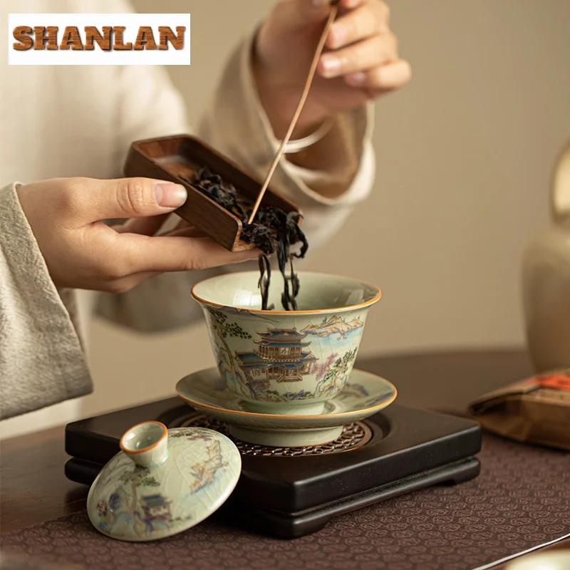 Retro Ru Kiln Sancai Cover Bowl Gold Painting Landscape Teapot Tea Maker Kettle Tea Cup Dahongpao Ceremony Accessories Craft