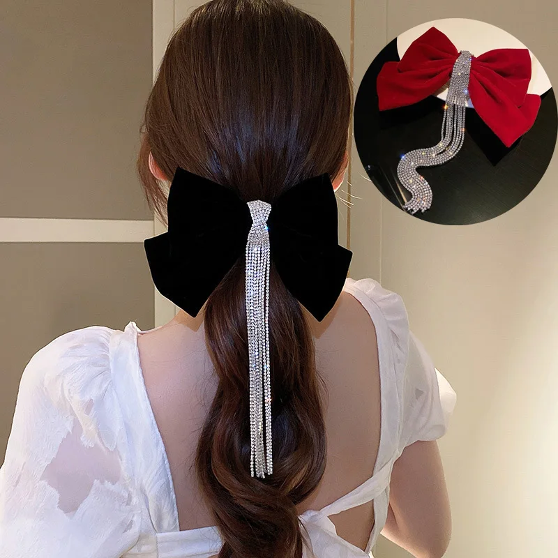 

Korean Big Bow Rhinestone Tassels Hair Clip Girl Velvet Hairpins Ponytail Clip Elegant Double Bow Hairpin Heawear Accessories