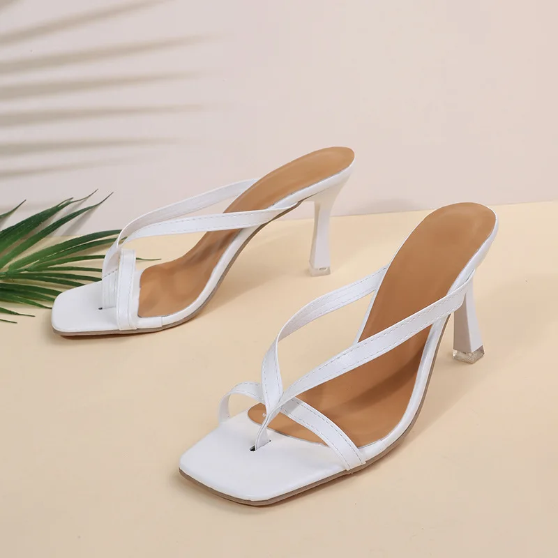 Stiletto Sandals Women's Summer New Thong Herringbone High Heels Large Size Square Toe Women's Sandals Sexy Women's Slippers 43