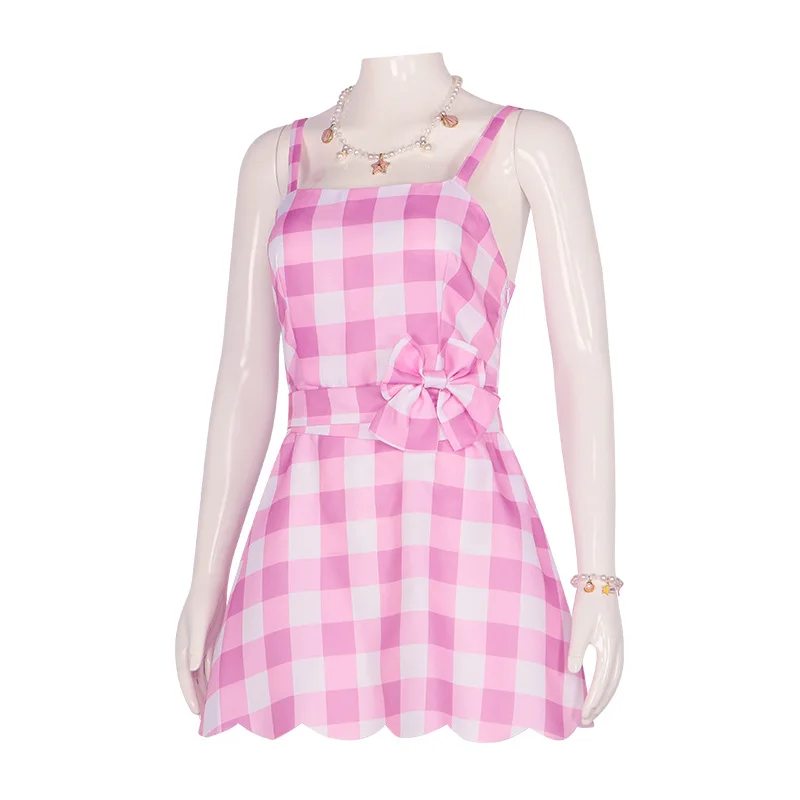 Vestito da bambina Barbi Costume 2023 Nuova moda rosa plaid dolce  abbigliamento Halloween Bambini senza maniche con cinturino Abiti per 2-12  anni