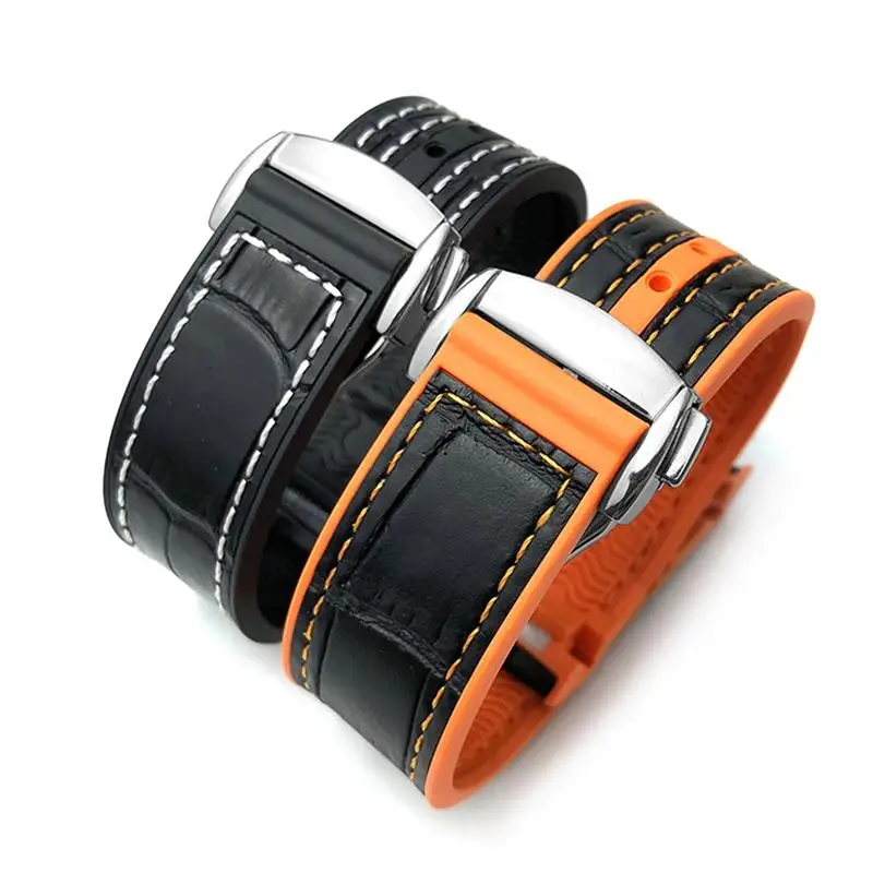 SCHIK 21mm 22mm Rubber Leather Watchband 19mm 20mm for Omega Seamaster 300 Speedmaster AT150 HydroConquest Sports Strap