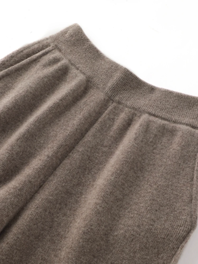 Women Wool Wide Leg Pants Threaded Elastic Waist Cashmere Trousers Autumn Winter 100% Merino Wool Knitted Soft Slit Design Pants