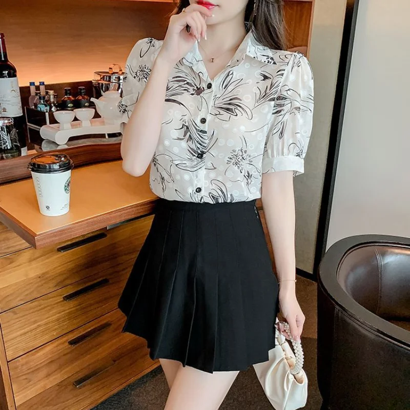 2024 Summer New Commuter Versatile Simplicity Printed Fashion Spliced Button Trend POLO Collar Short Sleeve Temperament Shirt