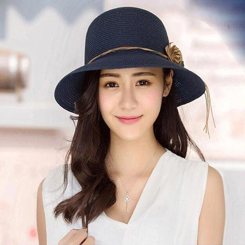 New Spring Summer Beach Hat Large Brim Linen Flower Straw Hat Outdoor Women Sun