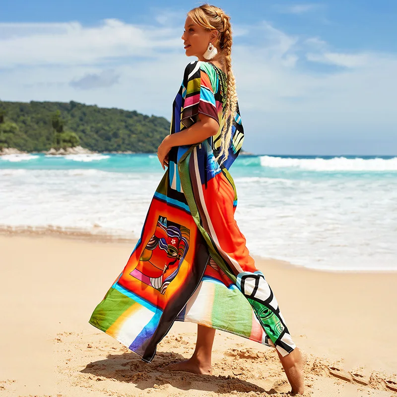 Plus Size Swimsuit Kaftans Beach Cover Ups Colorful Outfits Dress Bathing Suit for Women Vacation Outfits 2