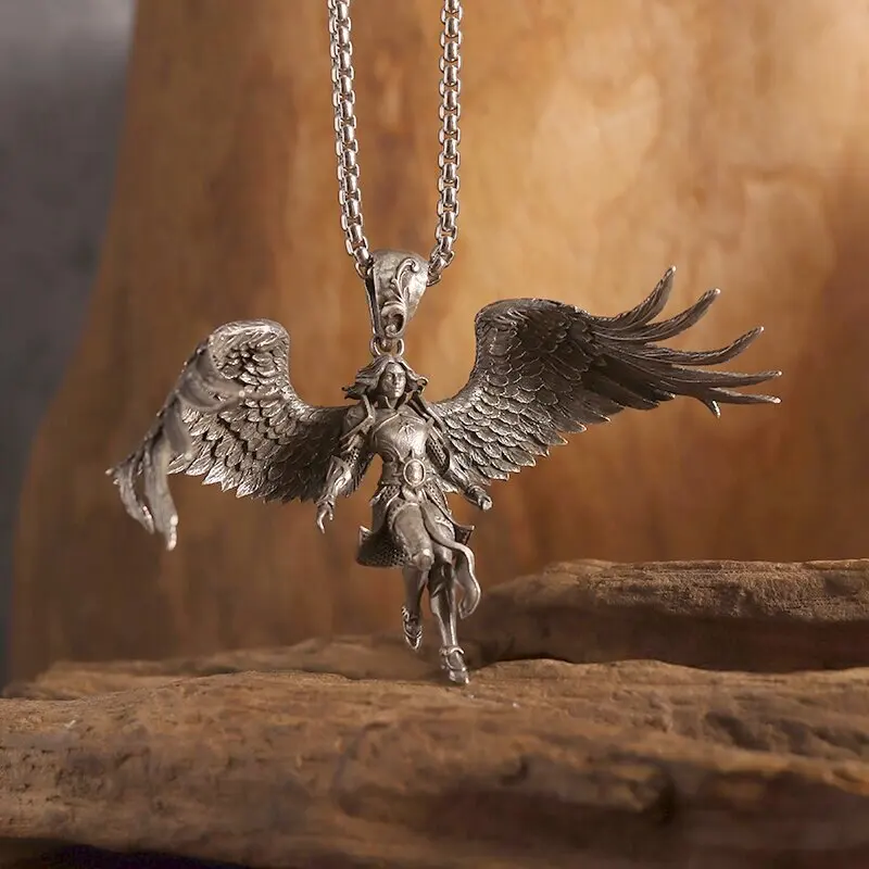 

Retro Temple Gabriel Archangel Necklace Silver-Plated Angel Guard Pendant Men and Women Couple Amulet Trendy Jewelry Gift