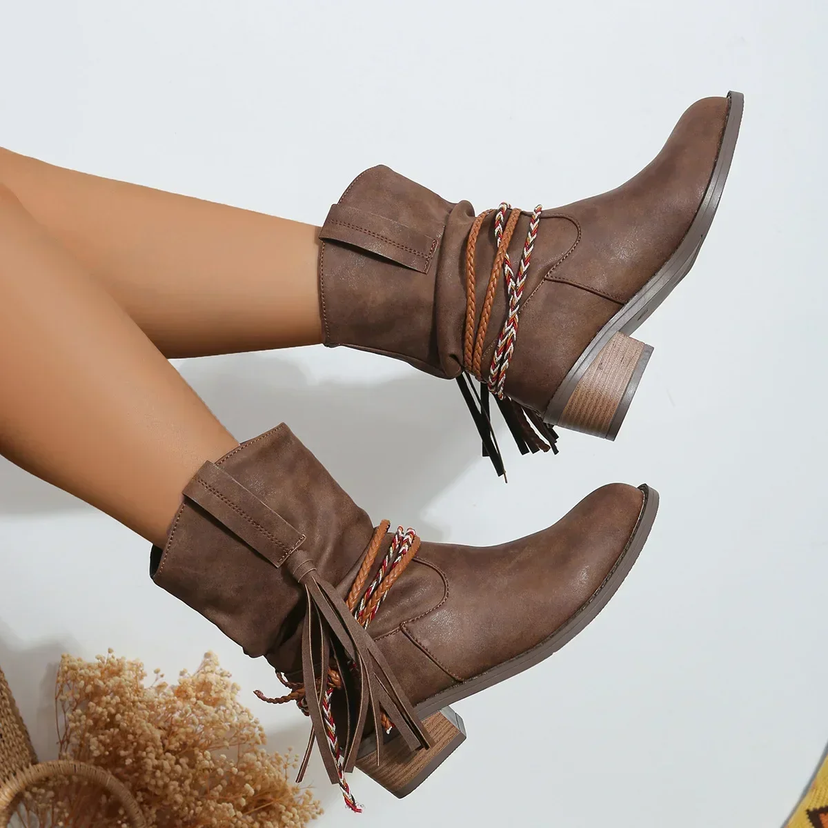 Brown Pirate Boots Womens Pirate Boots Woman Pleated Tassel Mid