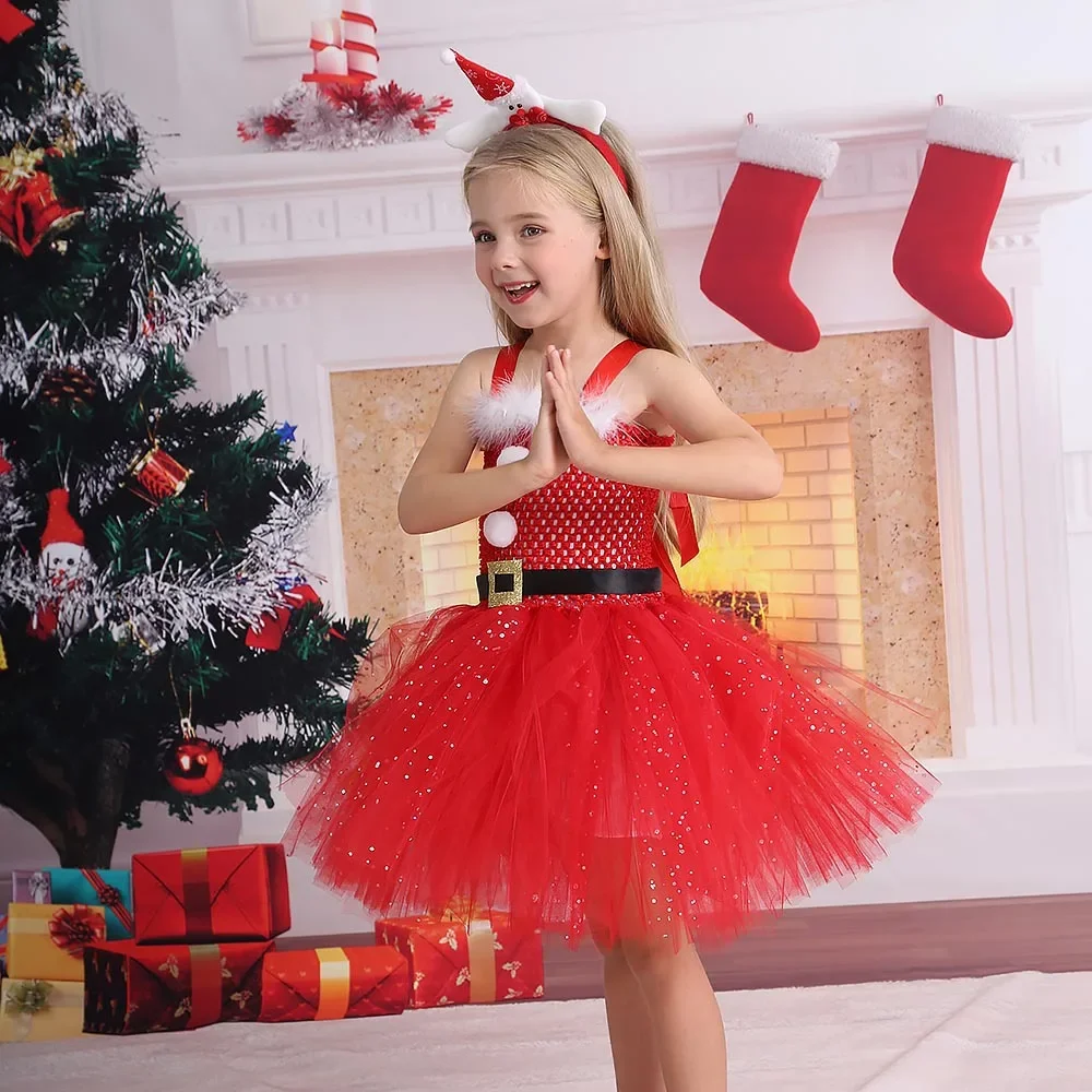 

New Christmas costumes for 2023, red and white girls' short skirts, girls' carnival makeup ball dresses