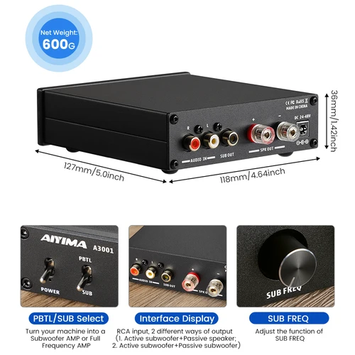 AIYIMA-오디오 A3001 TPA3255 서브 우퍼 앰프, 300W HIFI 스피커 앰프 모노 사운드 파워 클래스 D 홈 오디오 5
