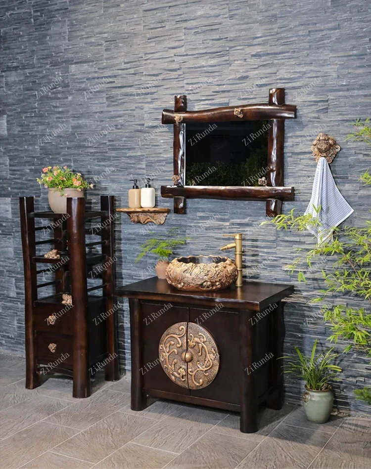 ~New Chinese bathroom cabinet solid wood washbasin combination cabinet retro balcony floor-standing integrated bathroom