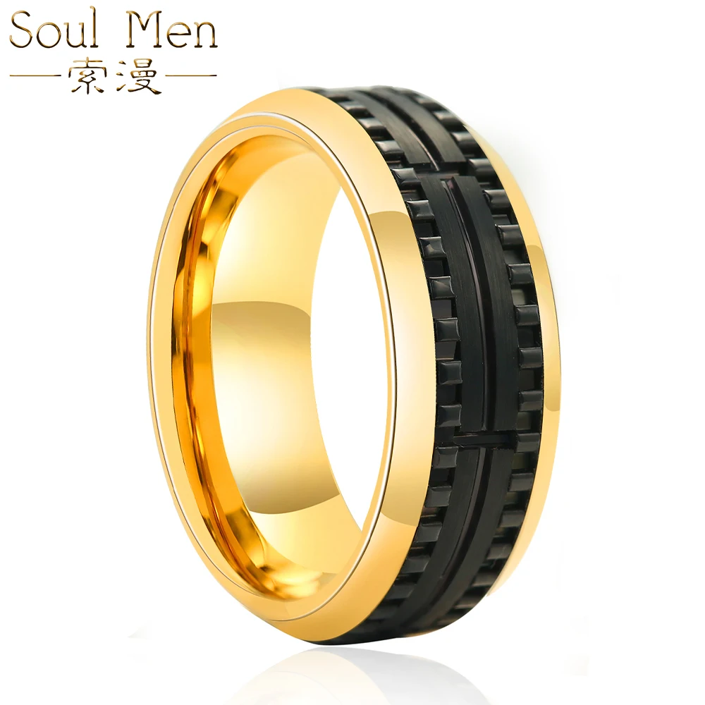 

8mm Hammered Tungsten Carbide Mens Wedding Band Rings Tone Black andGoldtone Textured Brushed Engagement Step Edges Comfort Fit