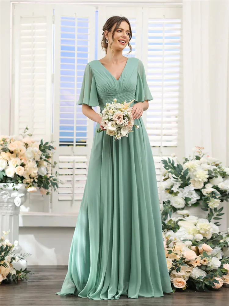 Bridesmaid Dresses A-Line V-Neck Half Sleeves Split Side Floor Length Chiffon With Pockets Elegant For Weddings Guest