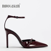 Fashion Dark Red Ankle Strap Pumps Women Point Head Patent Leather Stilettos Summer Sexy Thin High Heels Sandals For Woman 1