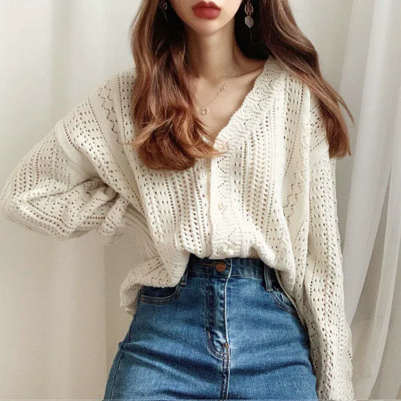 Autumn and Winter New Women's V-neck Long-sleeved Sweater Knitted Cardigan Fashionable Women's Single-breasted Hollow Coat