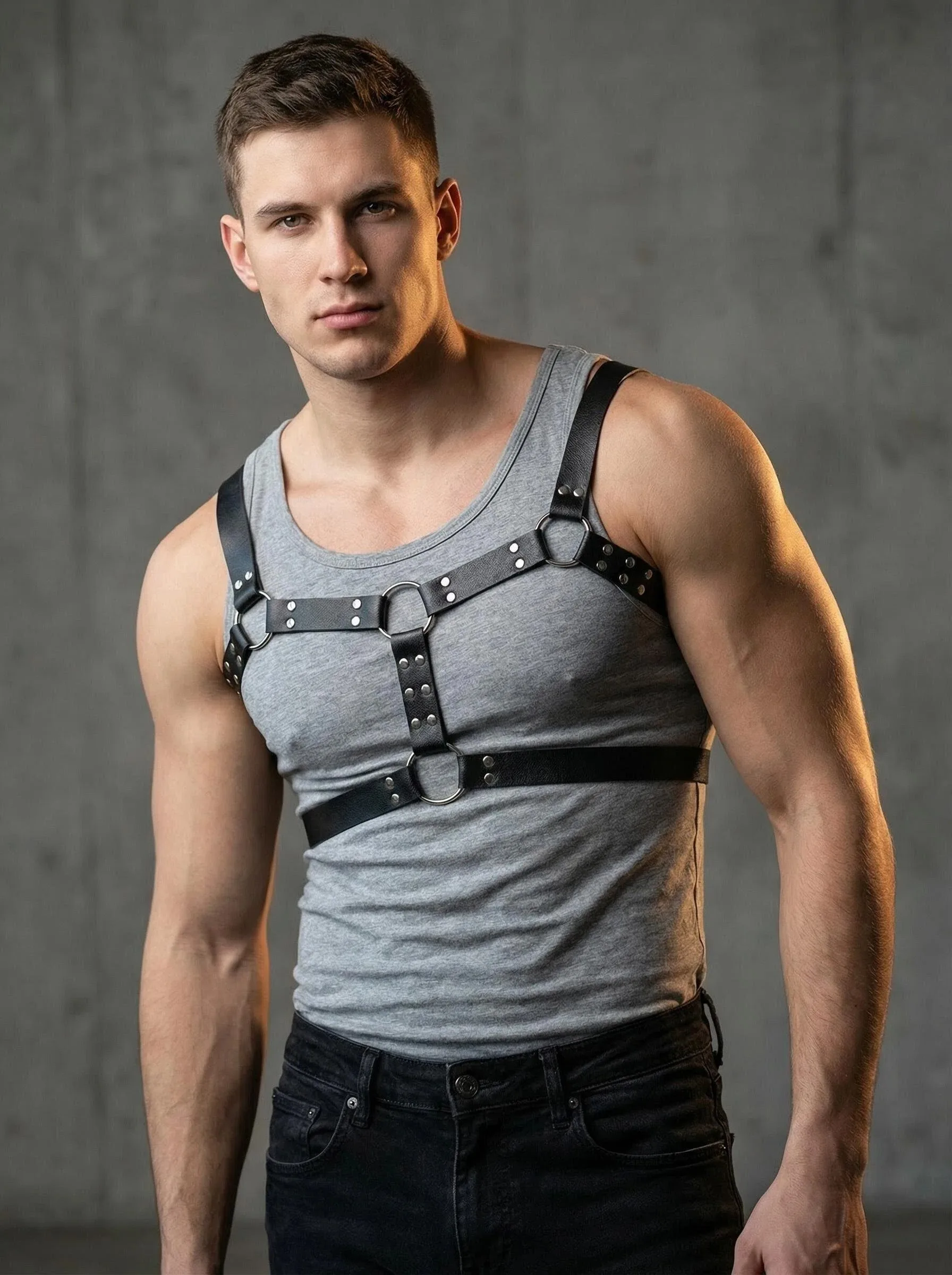 Premium Leather Adjustable Men's Body Harness - Goth Punk Cosplay Chest Belt with O-Ring Festival Rave Gear Accessories