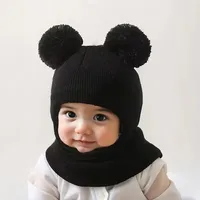Chapeau une pièce à capuche pour enfants, équipé d'un dispositifs de protection des oreilles et du cou, pour la chaleur, bonnet tricoté à Double boule, 1 pièce/2 pièces 5
