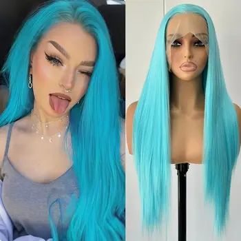 Parrucca blu Parrucca anteriore in pizzo sintetico lungo dritto Glueless pronta da indossare Parrucche frontali in pizzo per capelli azzurri per feste cosplay per le donne