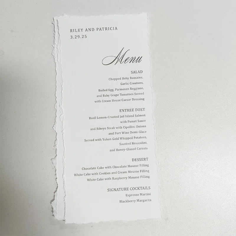 Wedding menu Event Party Annual Meeting Greeting Plate Card Process Card 50 copies Hand torn card Irregular edges