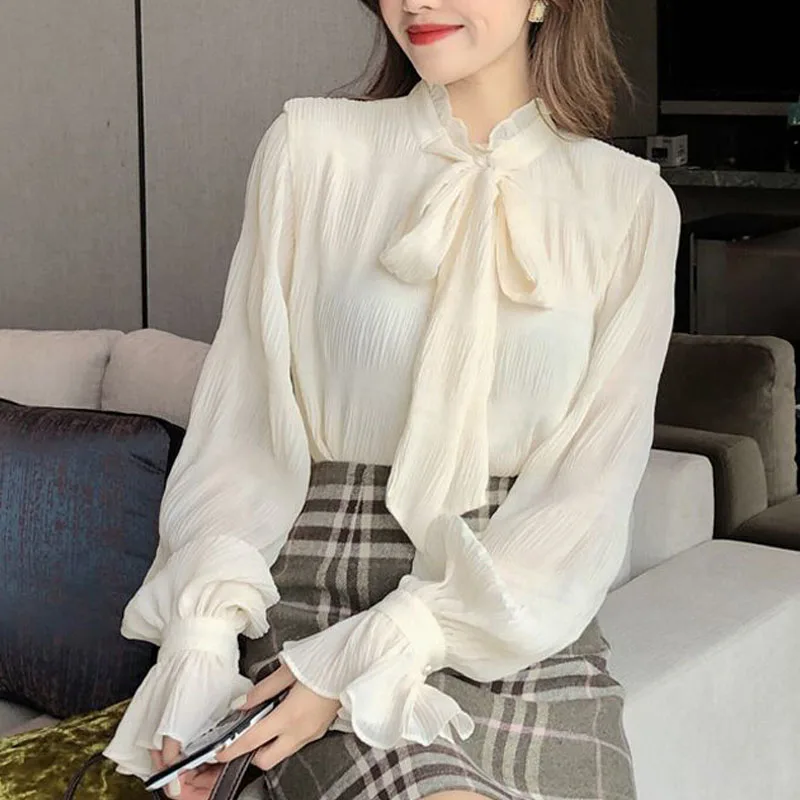 

QWEEK Ribbon Chiffon Blouse Women Korean Style Oversized Shirt Flare Sleeve Bow Tie Tops Elegant Office Lady Cute Sweet Fashion