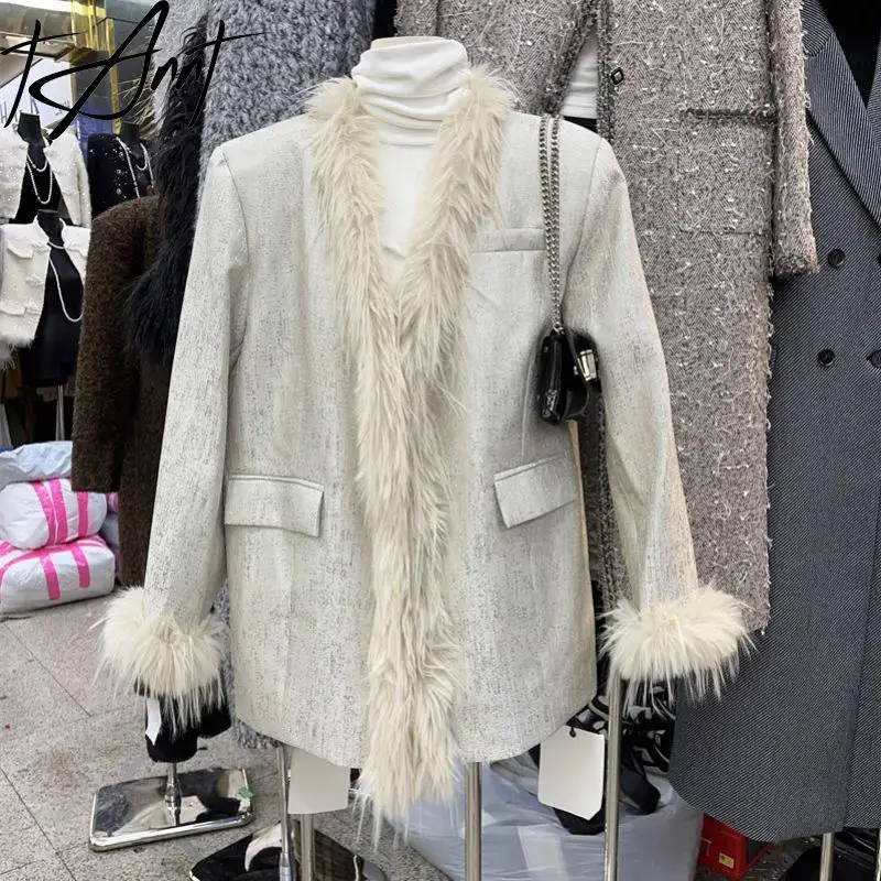 

Tannt Women Blazer Fur Patchwork V-neck Fashion Winter Jacket Coats Vintage Casual Thicken Long Black Suit Coats For Women 2023