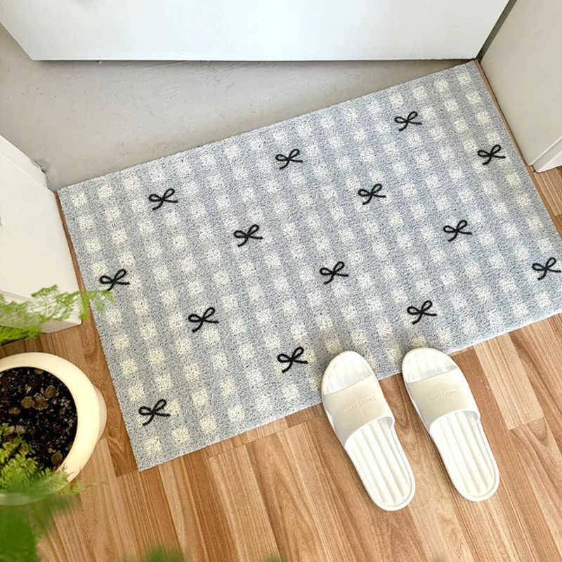 Plaid Bow Knot Door Mat Korean Ins Waterproof Carpet Anti Slip Resistant To Dirt Silk Ring Mat PVC Bathroom Kitchen Carpet