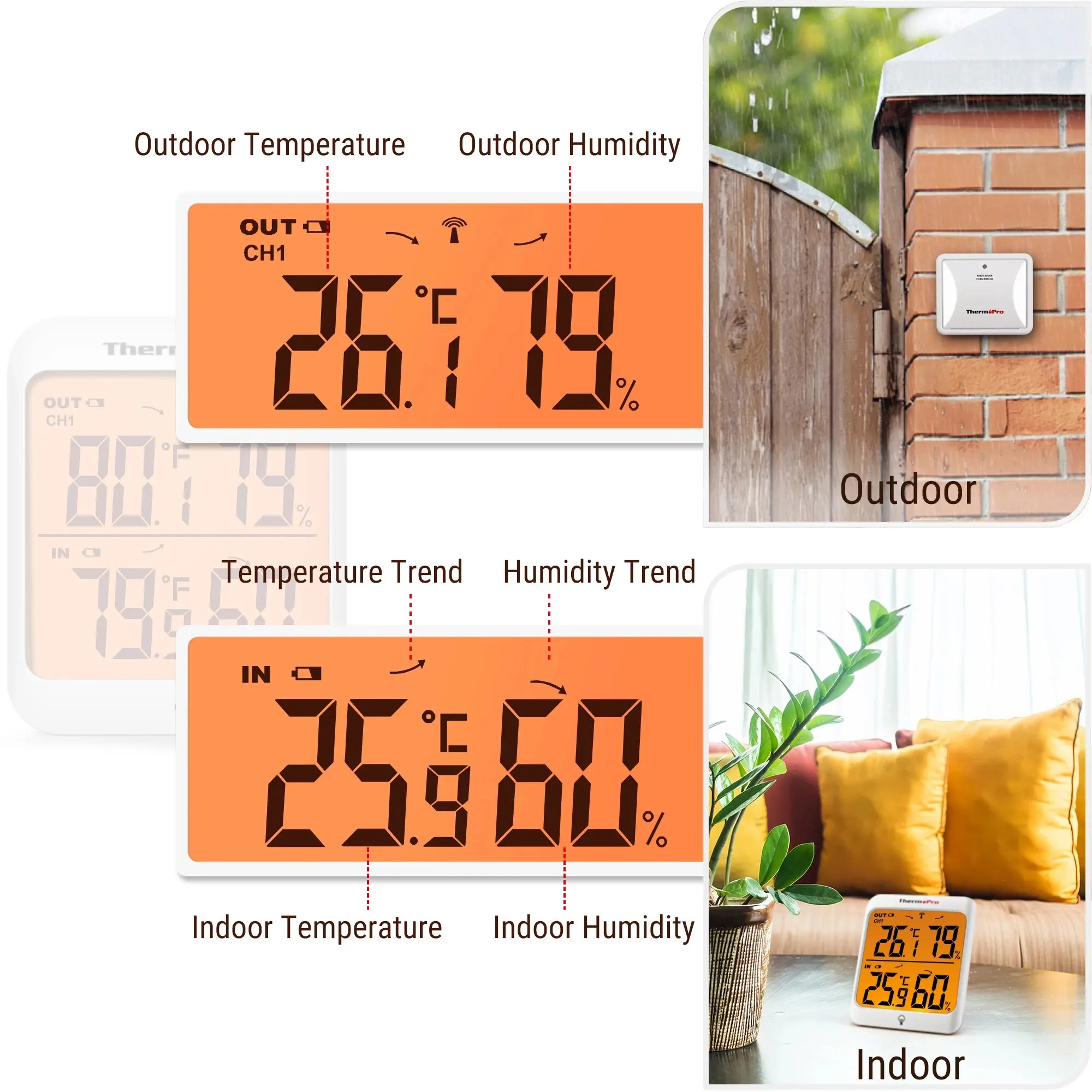 Thermometer Hygrometer ThermoPro TP63C 60M Wireless Indoor Outdoor Digital Weather Station with Backlight for Household Use