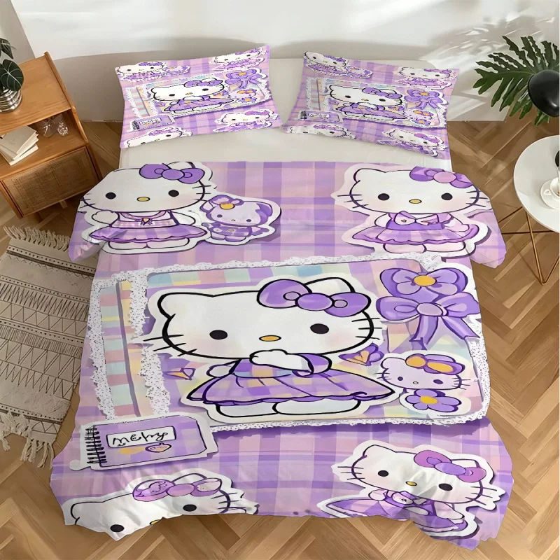 Hello Kitty Bedding Set 3PcsPink Swirl Print Duvet Cover with PillowcaseAnime Cartoon Bed Linen for Girls Kids Bedroom Decor 3