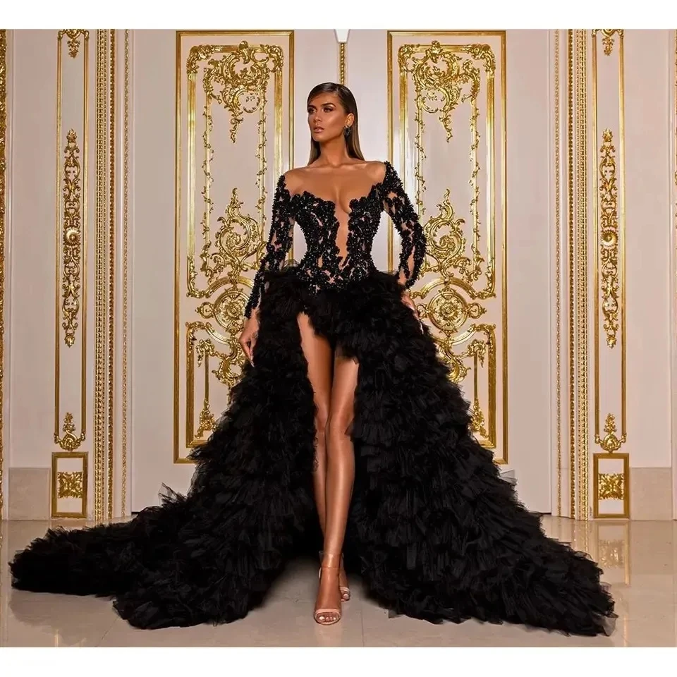 

Black Dubai Evening Dresses Luxury 2023 Pearls Long Sleeves Ruffles Hi-Lo Tulle Sexy Women Formal Prom Pageant Gowns Custom Made