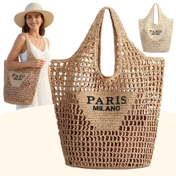 Straw Beach Bags for Women - Women Beach Handmade Woven Tote Bag, Summer Mesh Hollow Shoulder Bag for Holiday 1