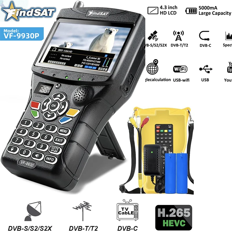 Findsat VF-9930 Satellite finder Optional CCTV DVB-S2/T2 MPEG4 H.265 VF9930 HD Satfinder Meter Signal Test vs KPT 717TS  v10