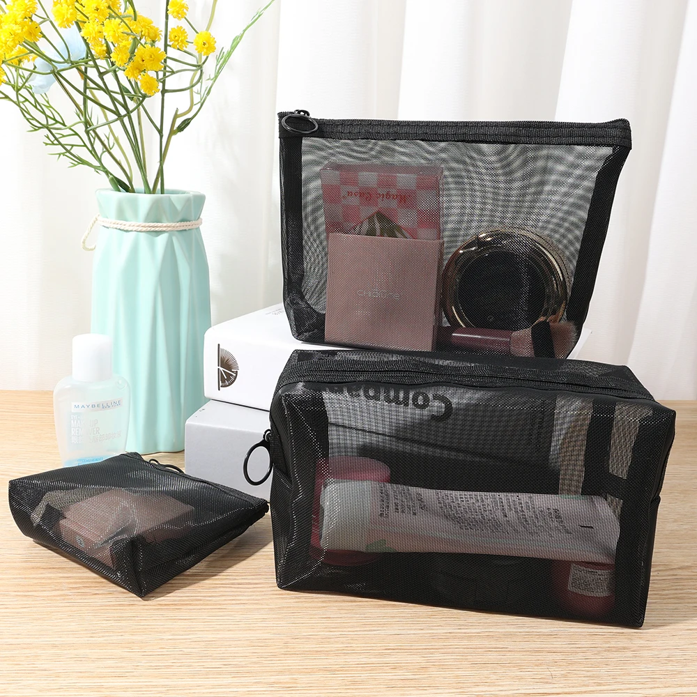 Fashion Mesh Yarn Women's Cosmetic Bag Black Zipper Toiletries Organizer  Storage Travel Makeup Bags Multifunction Make Up Pouch - AliExpress