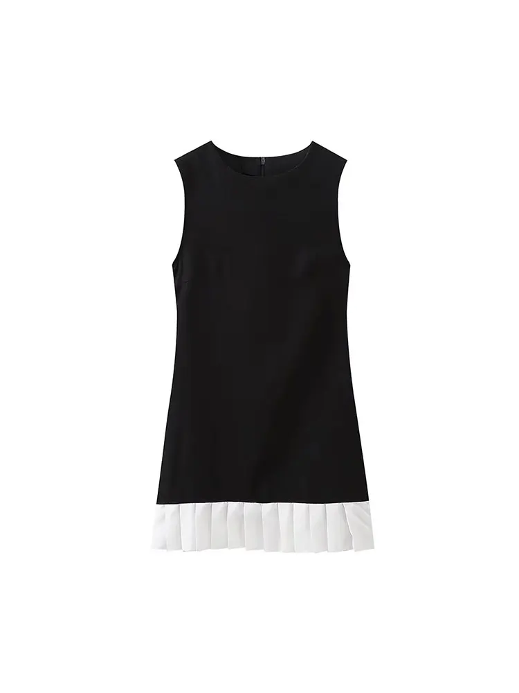 TRAF-Mini vestido feminino com retalhos plissados, elegante com decote em O, vestidos curtos sem mangas, senhoras do escritório, moda verão, 2022