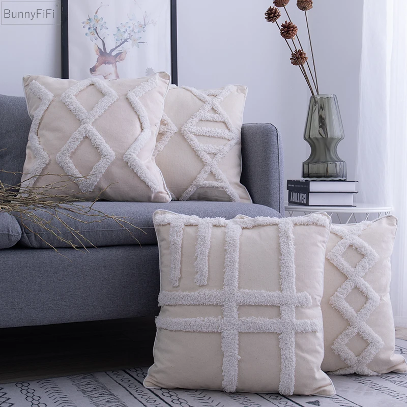 

Moroccan Style Cushion Cover 45x 45cm Beige Pillowcase Diamond Fringed Square Pillow Cover Home Decoration