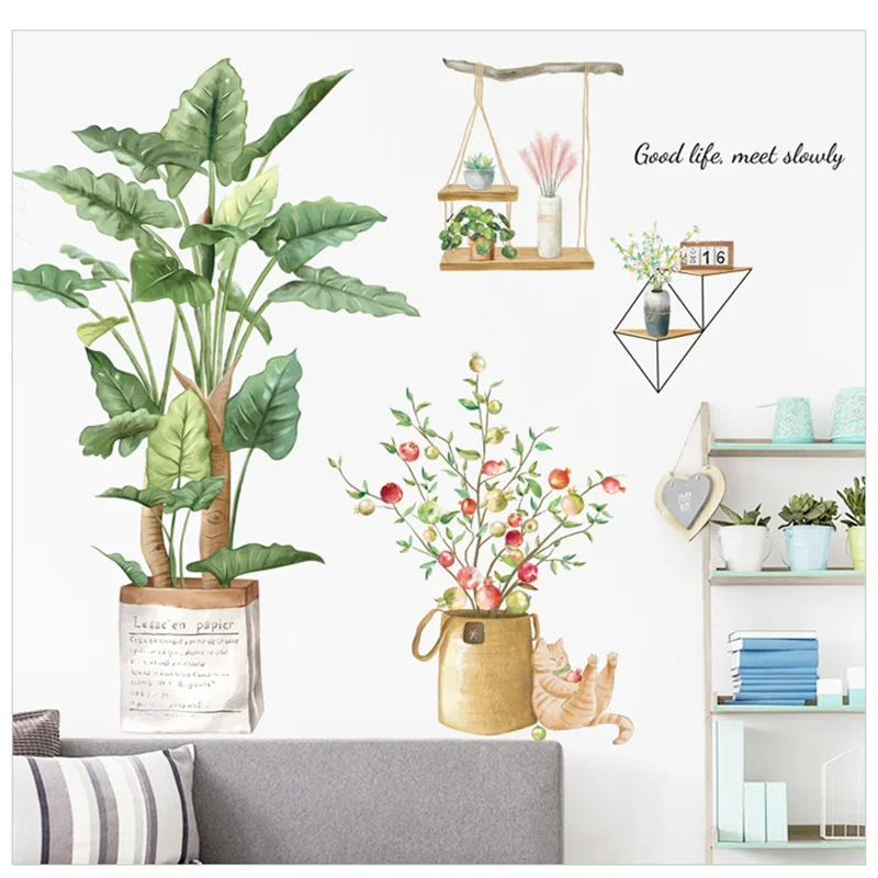 

Green Plants Summer Fresh Green Plants Potted Wall Stickers Living Room Bedroom Decorative Self-paste Paper Painting Sticker